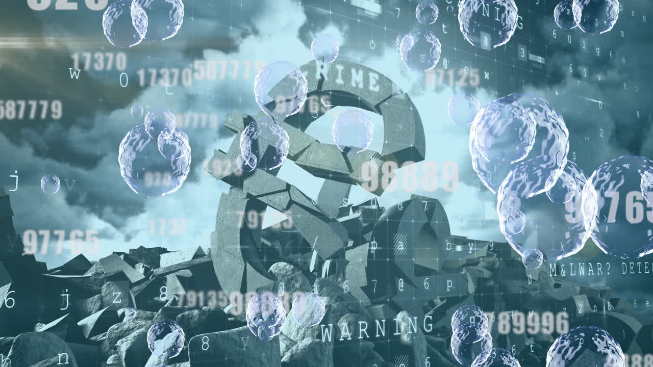 푸른 하늘을 배경으로 깨진 유로 기호 위에 떠다니고 숫자를 바꾸는 여러 개의 거품