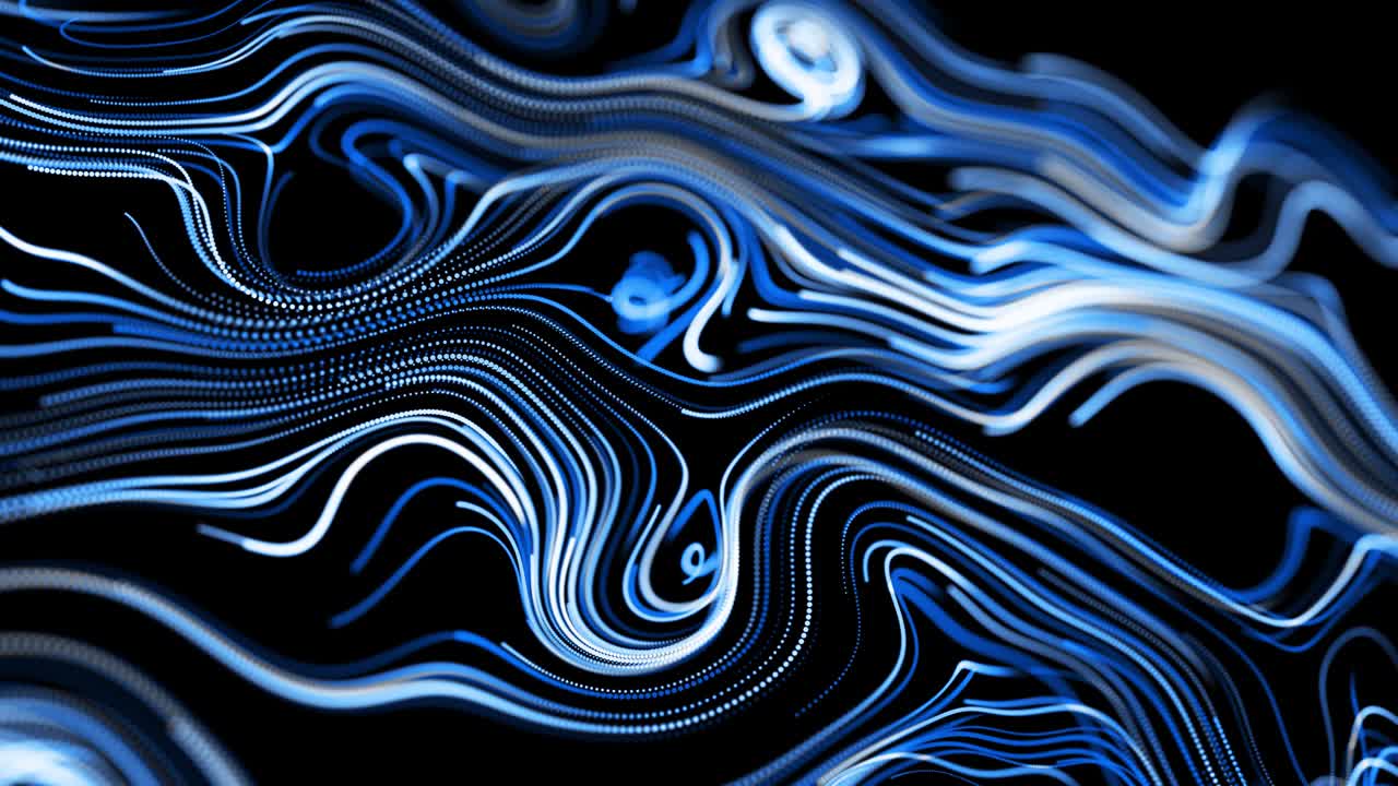 Abstract 3d looped background with lines form swirling pattern like curle noise with light streaks. Flow of particles forms curled lines like blue glow trails. Beautiful swirls of lines as abstract bg