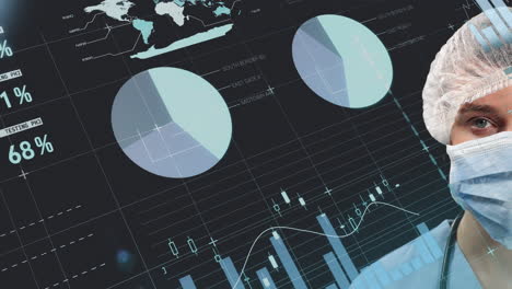 procesamiento de datos estadísticos contra el retrato de una cirujana con una máscara facial