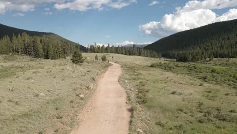 aerial view following a remote dirt road near guanella pass, colorado. dolly movement with green grass, forest and clouds in the distance.