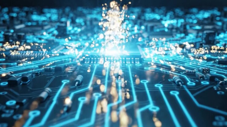 A Stunning Visual Journey Through a Futuristic Circuit Board, Showcasing Intricate Designs and Vibrant Blue Lighting Against a Dark Background