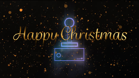 animation of happy christmas text over gamepad icon and light spots on black background