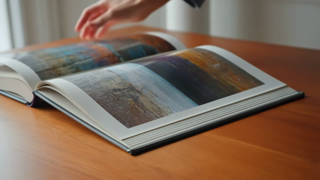 A person browsing an open photo album on a wooden table