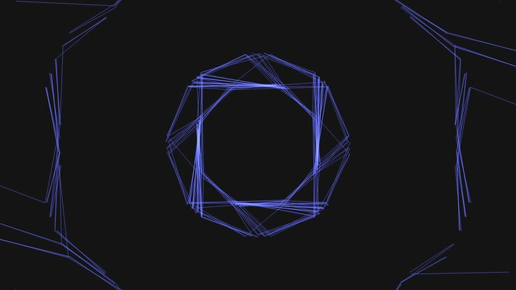 Digital geometrisk form med neonlinjer på sort gradient