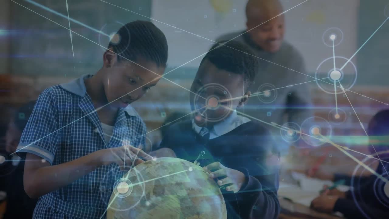 animación de la red de conexiones con iconos sobre alumnos afroamericanos con globo en la escuela