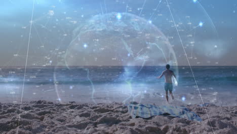 animación del globo con conexiones sobre el hombre caucásico corriendo en la playa por el mar