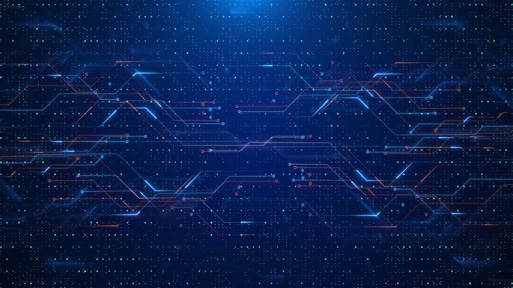 Sfondo astratto con tecnologia informatica, diagramma blu, dati, informazioni e intelligenza artificiale