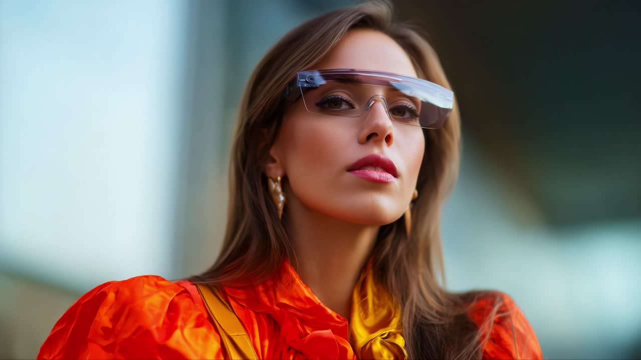 Una donna alla moda con occhiali stilosi che mette in mostra una miscela unica di tecnologia moderna e abbigliamento trendy su uno sfondo leggermente sfocato