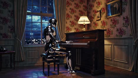 robot playing piano in a vintage room at night