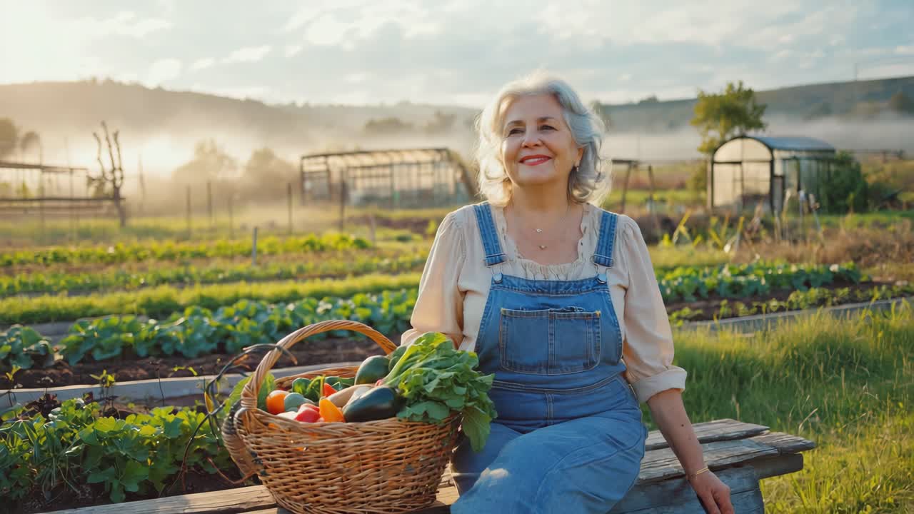 Smiling senior woman with a basket of freshly harvested vegetables in a sunny garden