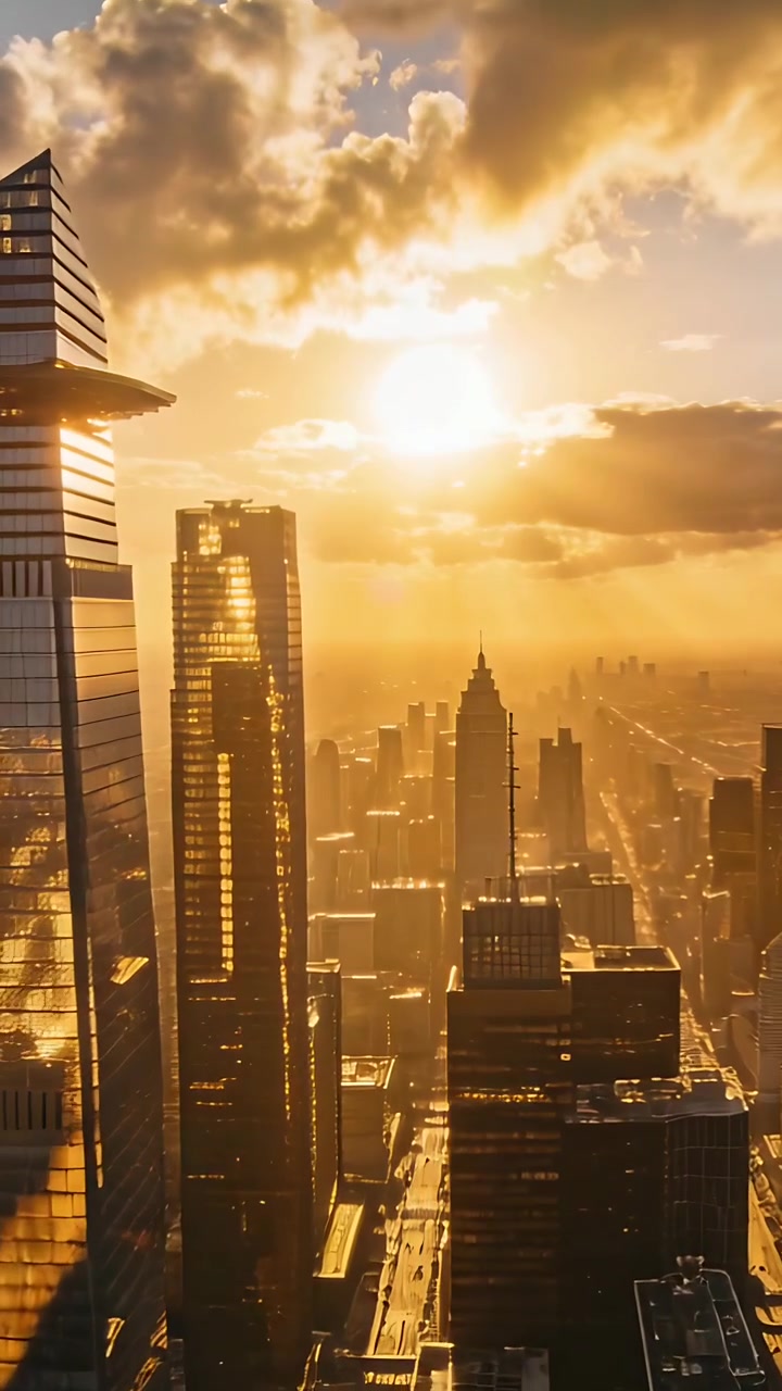 Vídeo vertical: Drone deslizando filmando torres de vidro com o sol se pondo sobre a cidade, coroa inclinada brilhando