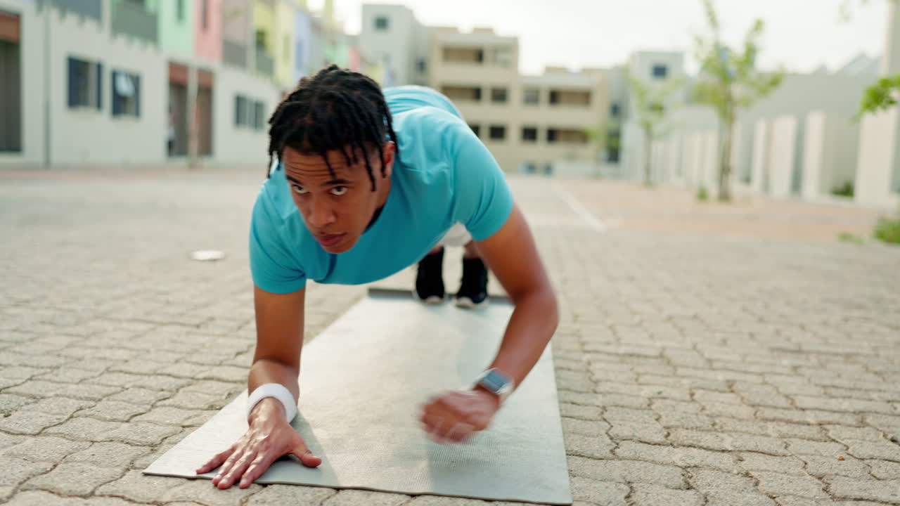 Black man, fitness or plank to push up workout