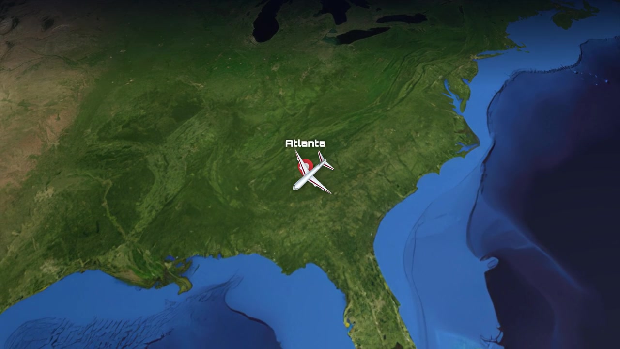 A 3D globe animation tracks a commercial airplane flying from Europe across the Atlantic Ocean
