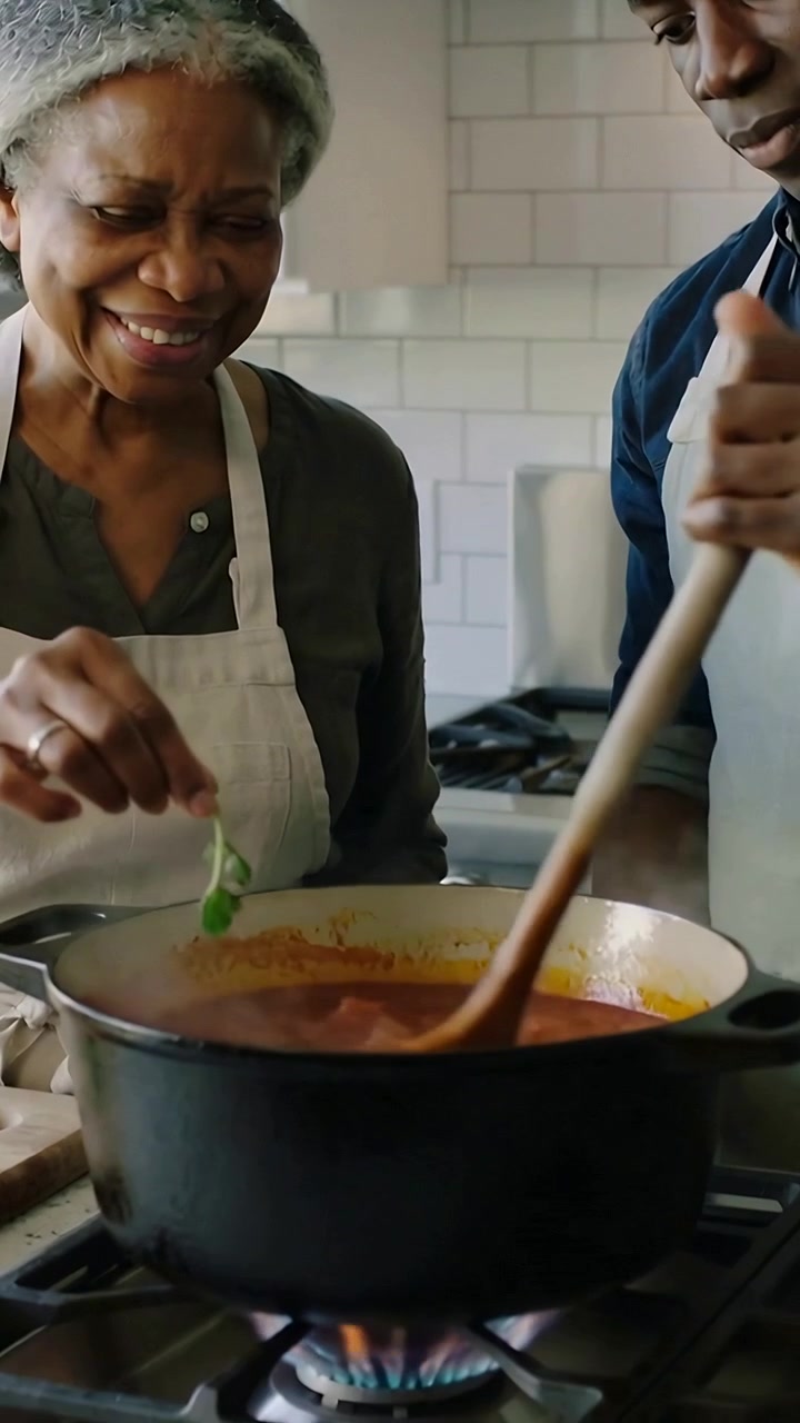 Vertical video: Simmering sauce making son stirring spoon, mom adding herb to season in home aprons