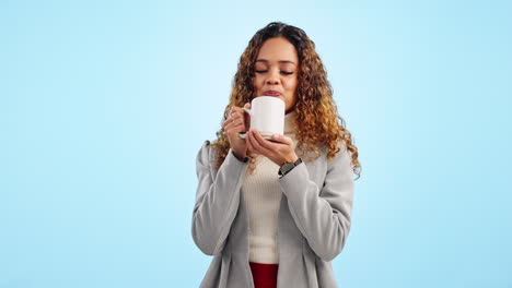woman, drinking coffee and smile for thinking