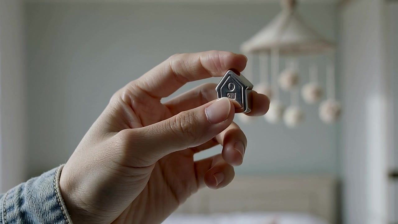 Lifting adult hand rotating metal house token in nursery, inspecting house icon and denim sleeve