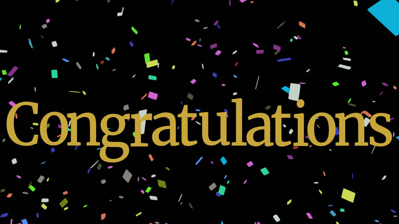 검은 바탕에 떠다니는 콘페티 위에 노란 문자로 축하 텍스트의 애니메이션