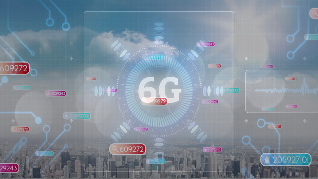 Animation of 6G technology with digital data overlaying cityscape background