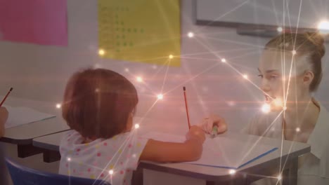 Animation-Des-Netzwerks-Von-Verbindungen-über-Glückliche,-Vielfältige-Lehrer-Und-Schulkinder