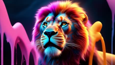colorful lion portrait with vibrant hues. a striking lion with a colorful mane gazes intently, showcasing various vibrant colors against a dark background.