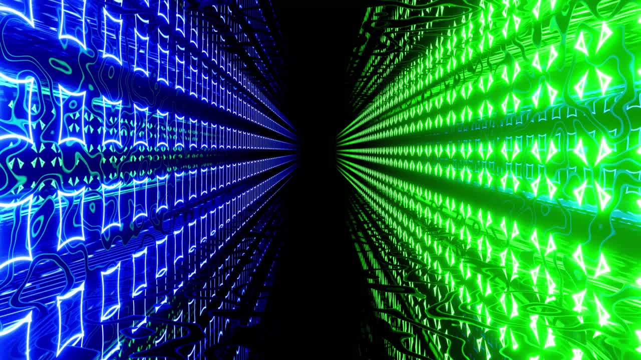 Glow hologram. Hi-tech neon sci-fi tunel. Trendy neon glow lines form pattern and construction in mirror tunnel. Fly through technology cyberspace. 3d almost looped 4k bright youth background.