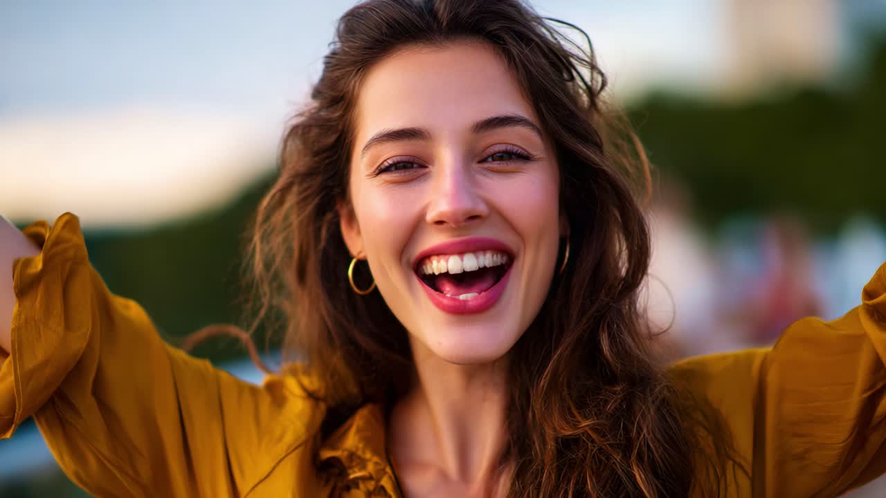 Giovane donna solare con lunghi capelli e un sorriso smagliante, ripresa con una vivace illuminazione al tramonto, che trasmette felicità e allegria in una splendida ambientazione esterna