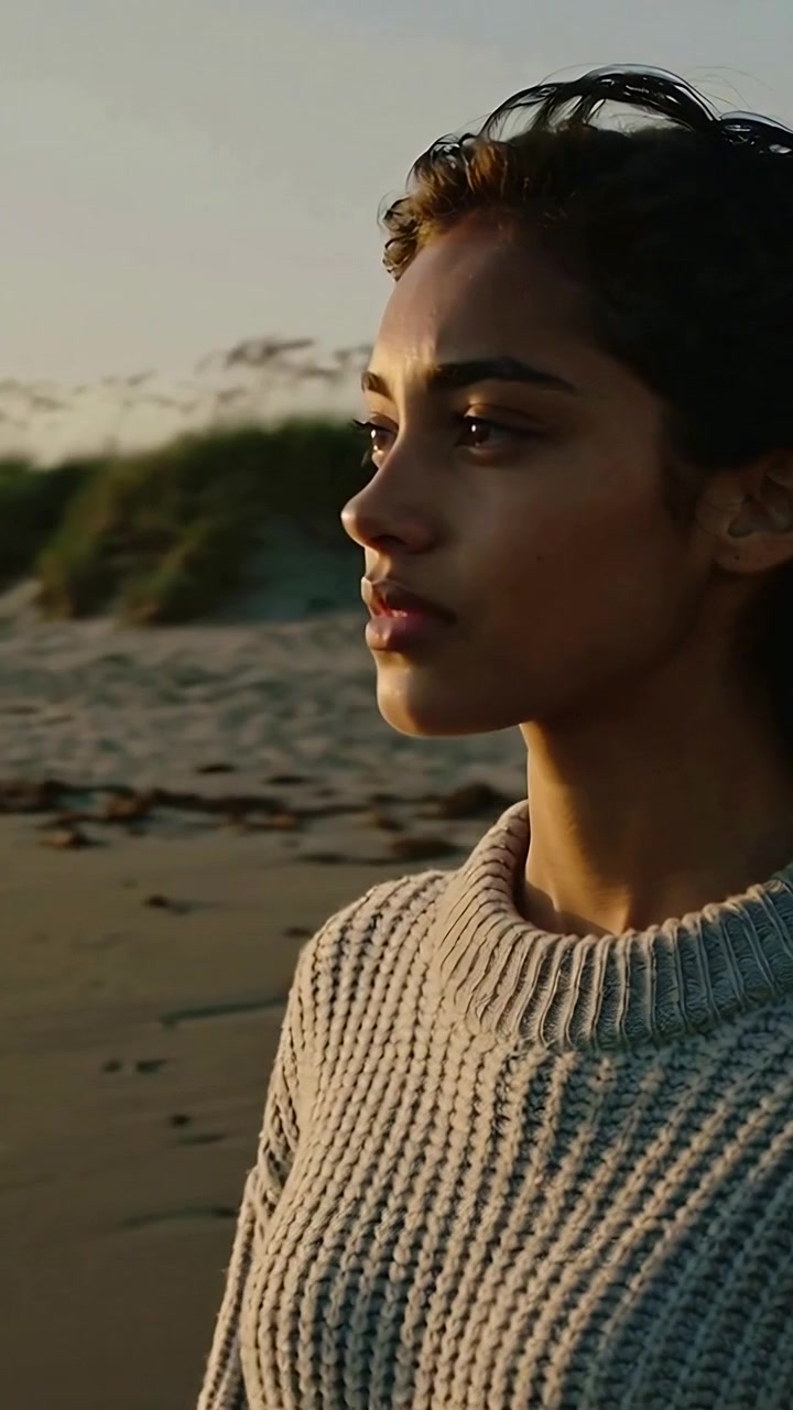 Vertical video: Camera moving, adult woman turning subtly and gazing at ocean on beach