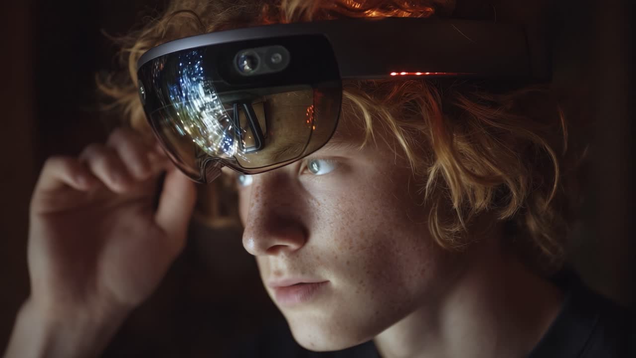 A Young Individual Engaging with Advanced Augmented Reality Technology through a Futuristic Smart Glasses Device, Showcasing Intellectual Curiosity and High-Tech Innovation