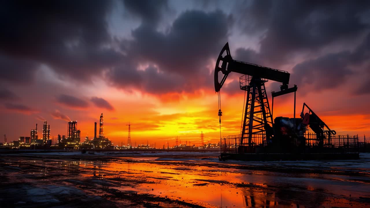 Dramatic Sunset Over Oil Fields: A Stunning Display of Nature's Beauty Intersects with Industrial Power, Showcasing Oil Rigs and Refineries Against a Colorful Sky