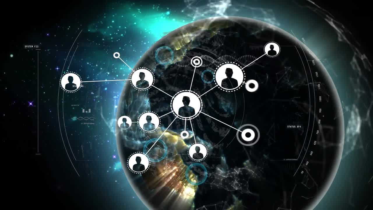 animación del globo, red de conexiones y procesamiento de datos