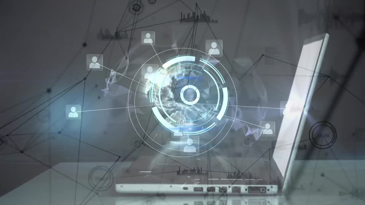 Animation of scope scanning and network of connections with icons over laptop