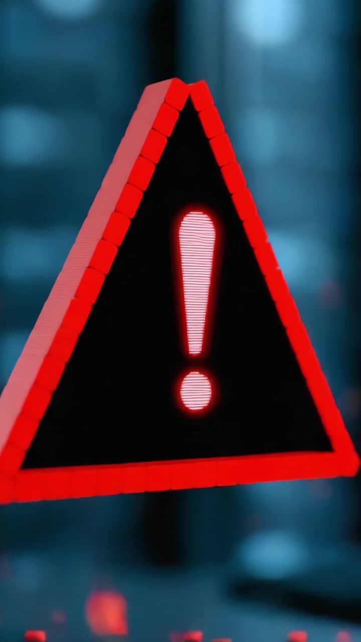A digital caution signal flashes with intense red colors and a triangular shape, conveying urgency and alertness in a high-tech environment filled with abstract elements.
