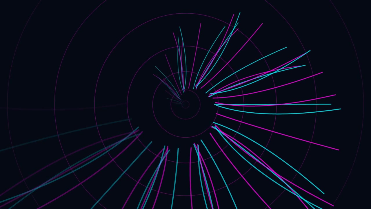Grafica in movimento astratta con linee al neon rotanti e cerchi concentrici