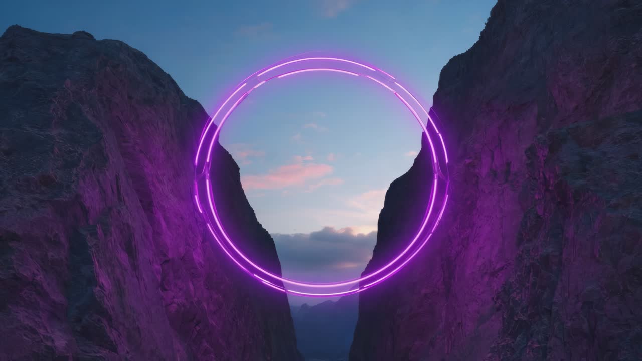Neon Circle Between Mountains at Sunset