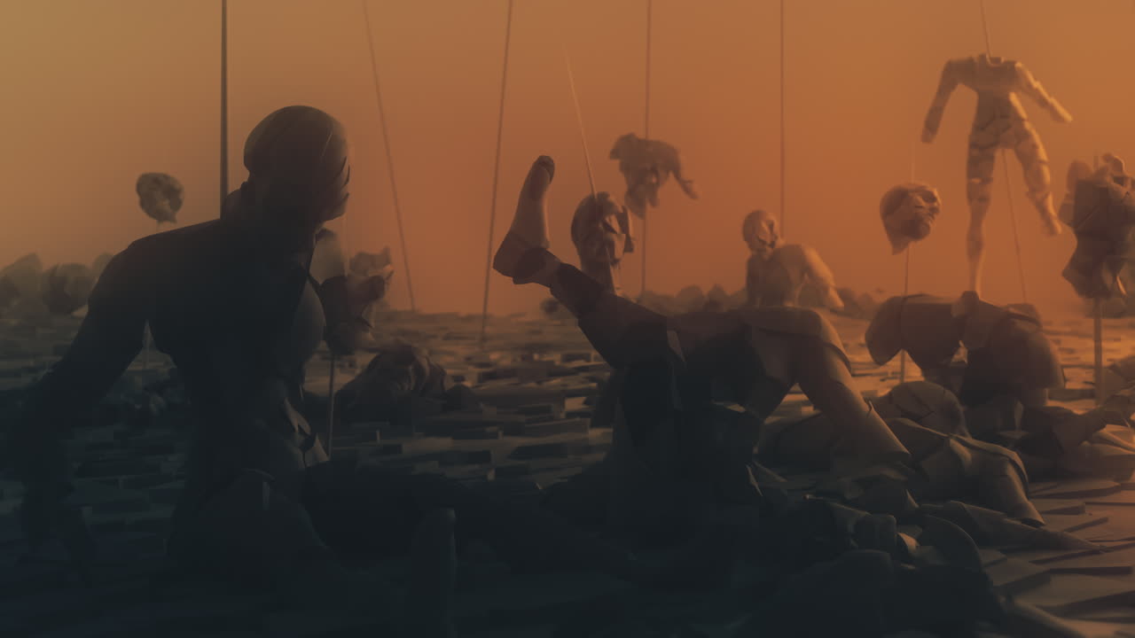 Destroyed andorids on a junkyard in yellow light