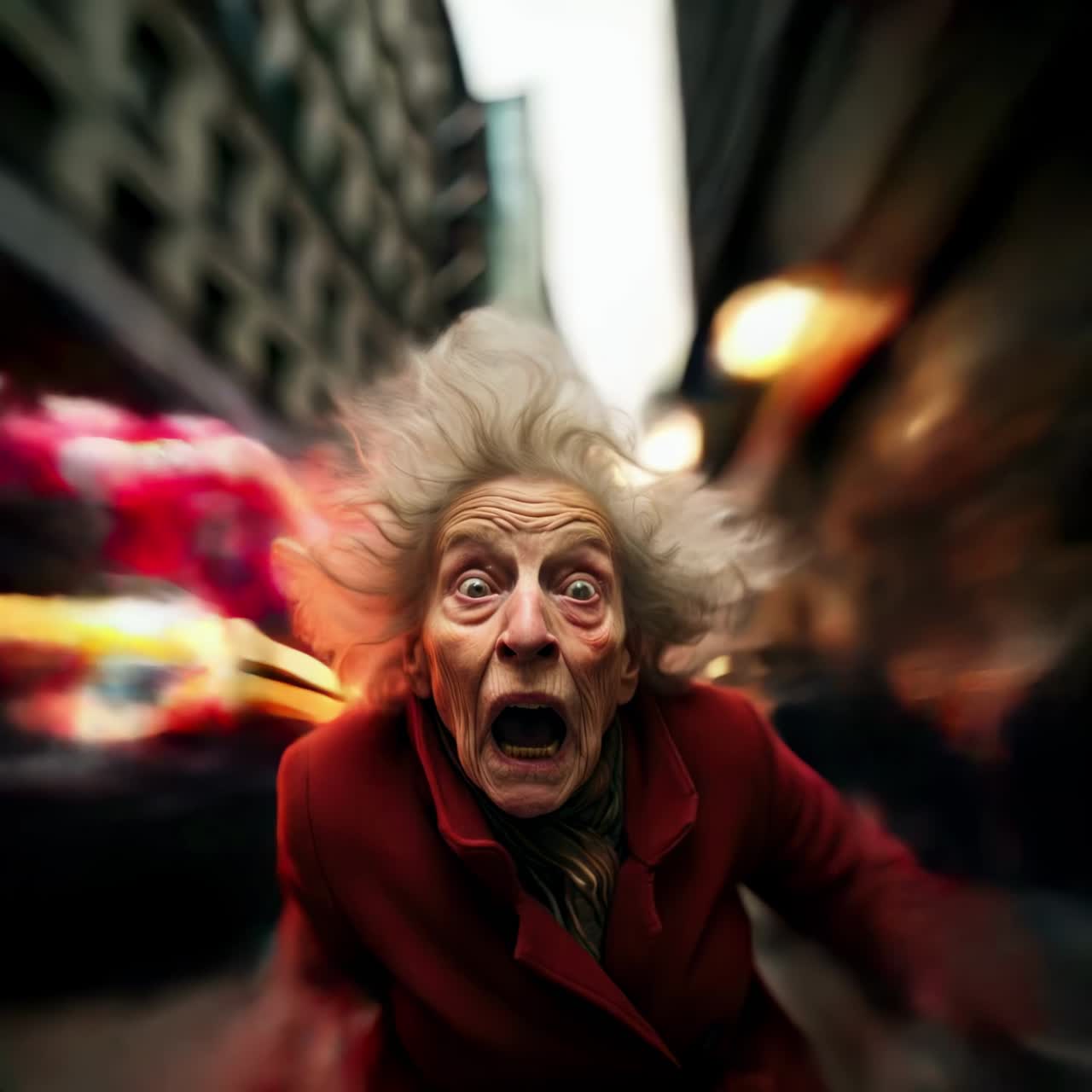 Dynamic street video scene with a wide-angle lens capturing an elderly woman in motion