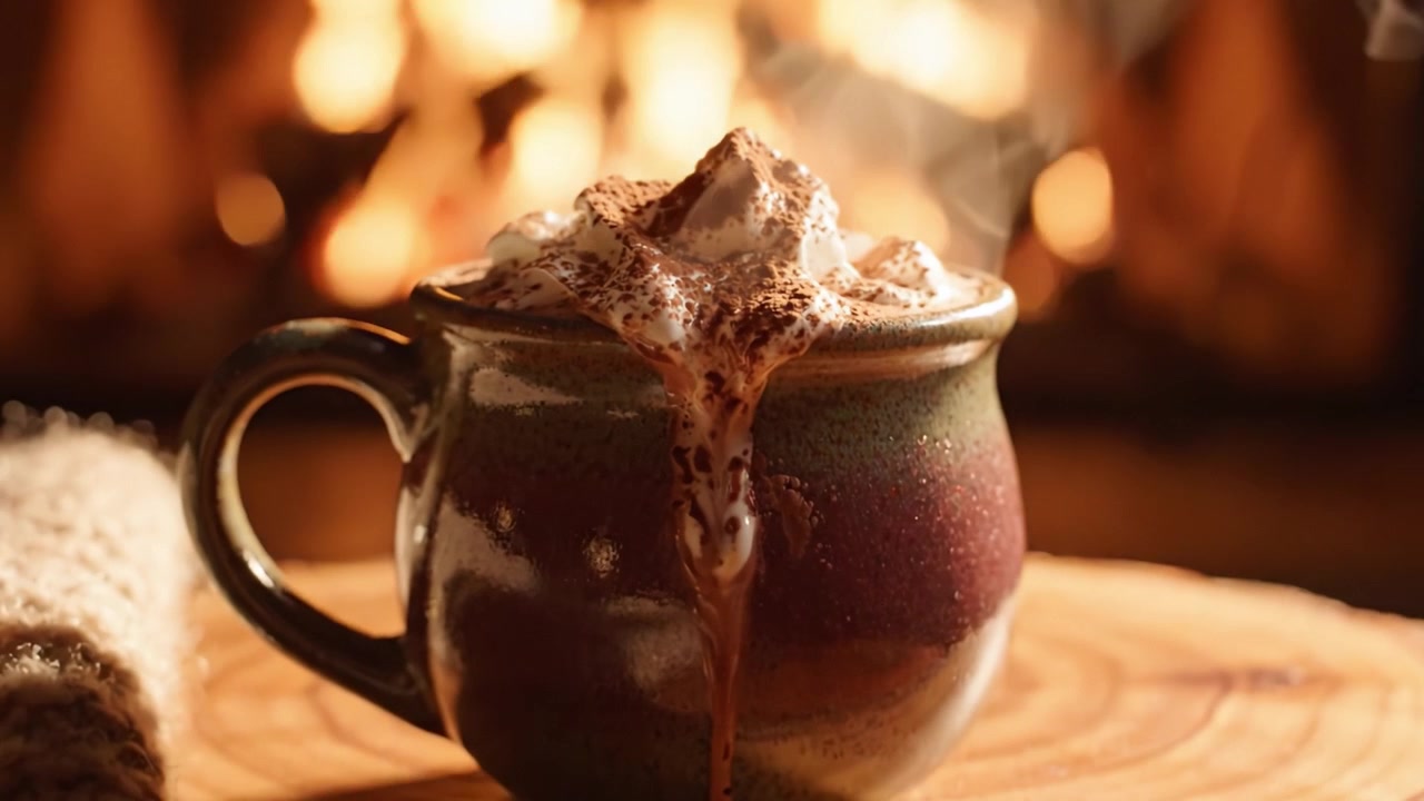 Una accogliente serata invernale accanto al fuoco: gustando una ricca e cremosa cioccolata calda traboccante di panna montata e cacao, perfetta per rannicchiarsi al chiuso