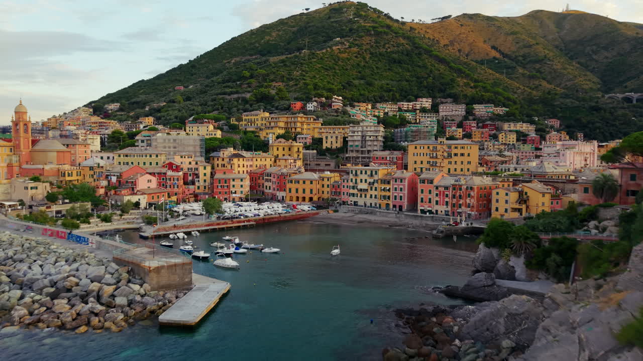 Nervi Genoa Italy, Colorful Coastal Town and Small Port Aerial View