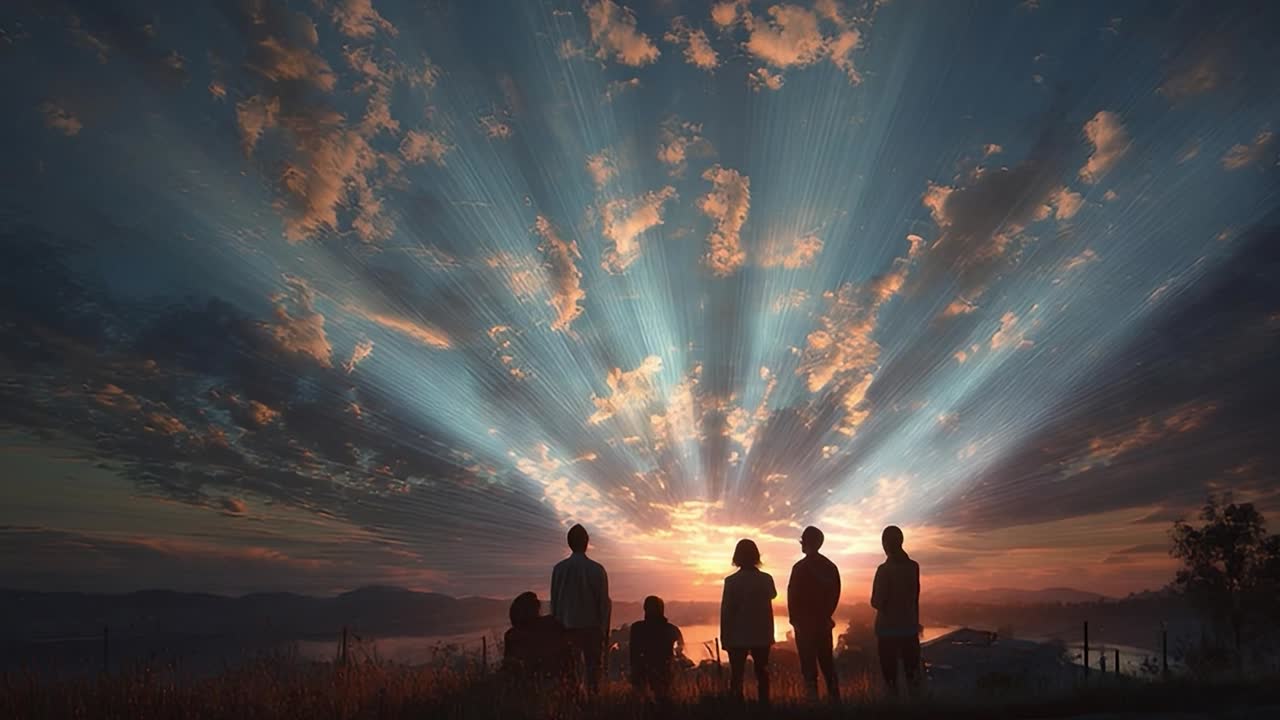 山の夕焼けの光に感動する家族のシルエット