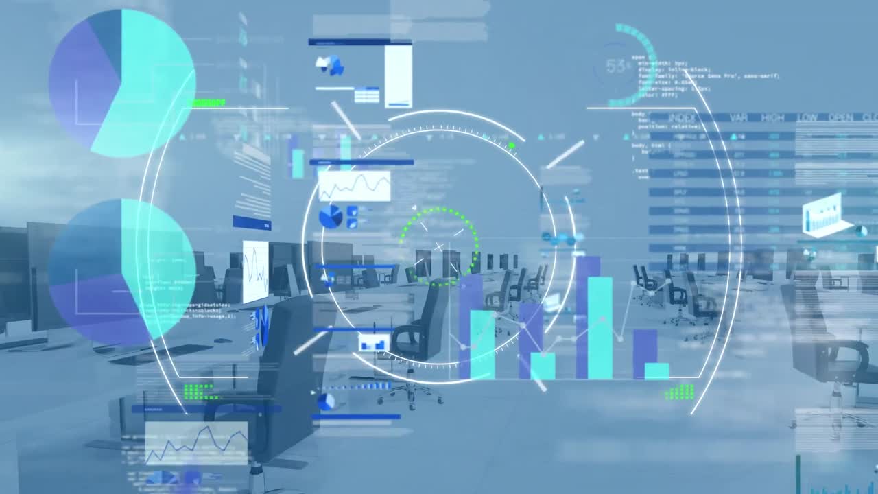 빈 사무실에서 스 ⁇  스캐닝과 데이터 처리의 애니메이션