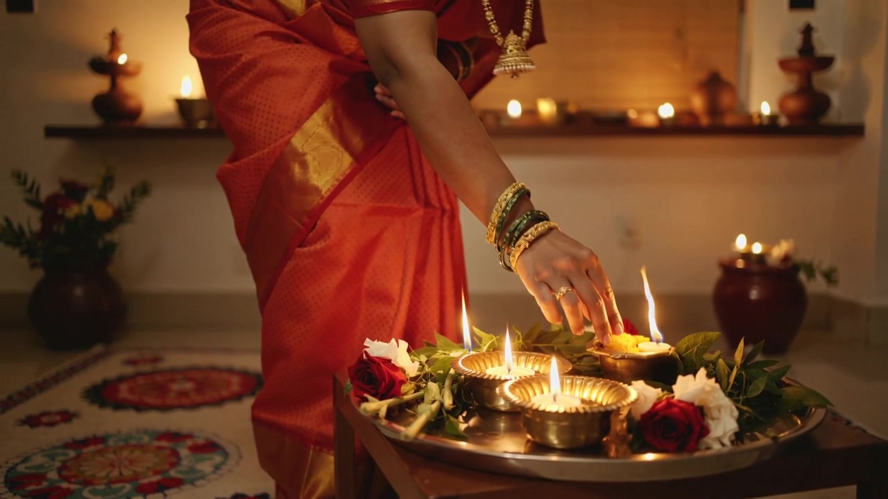 Starting devotional ritual, woman in red silk saree tending home altar, adjusting metal thali diyas
