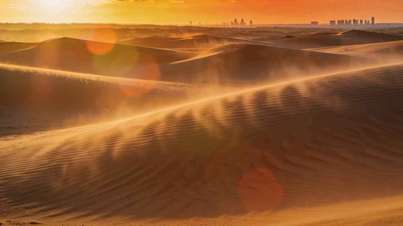 Grande duna e creste che mostrano il vento che solleva la sabbia lungo le cime durante l'ora d'oro, per riprese cinematografiche.