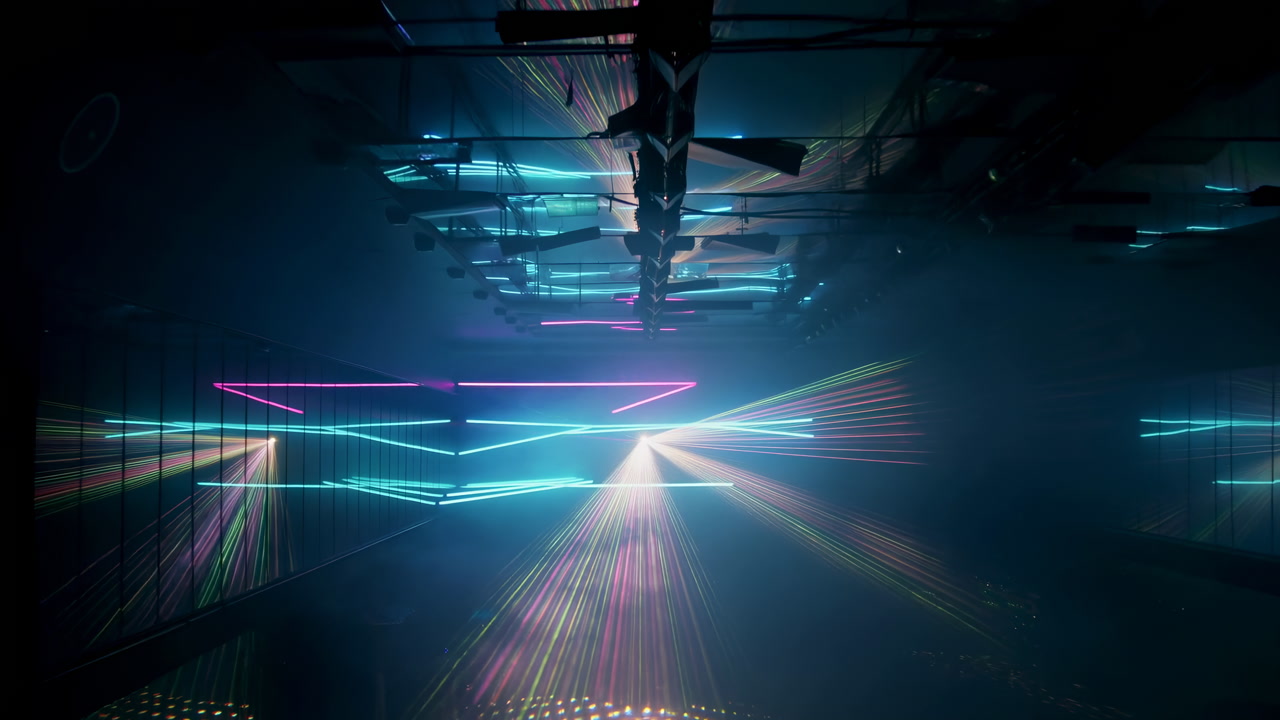 Warehouse Rave Laser Beams Slice Through Fog, Mirrored Ceiling Reflections And Neon Pink Cyan Streaks, Pulsing