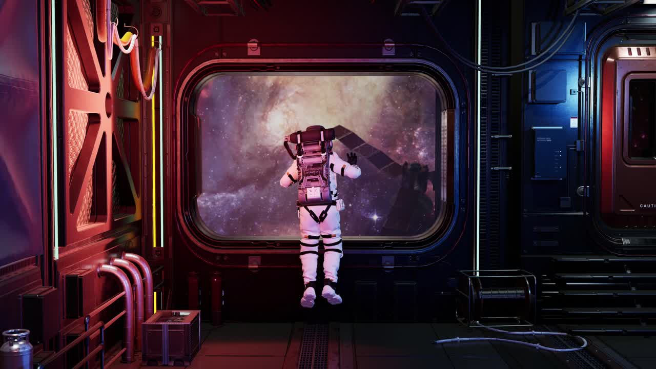 vista trasera del cuerpo completo de un astronauta solo en un corredor espacial futurista observando la tierra y las estrellas. vista de la tierra y el satélite de comunicaciones. animación 3d