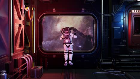 vista trasera del cuerpo completo de un astronauta solo en un corredor espacial futurista observando la tierra y las estrellas. vista de la tierra y el satélite de comunicaciones. animación 3d