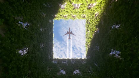 plane flying over a lush green courtyard