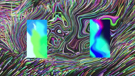 rectángulos azules brillantes abstractos sobre un fondo de remolino líquido multicolor