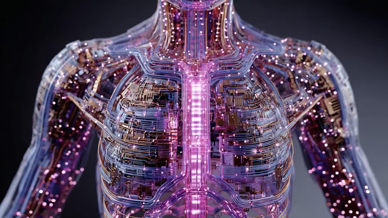 A Stunning Visualization of a Futuristic Cybernetic Human Body, Showcasing an Intricate Network of Colorful Circuits and Lights Within Its Transparent Structure