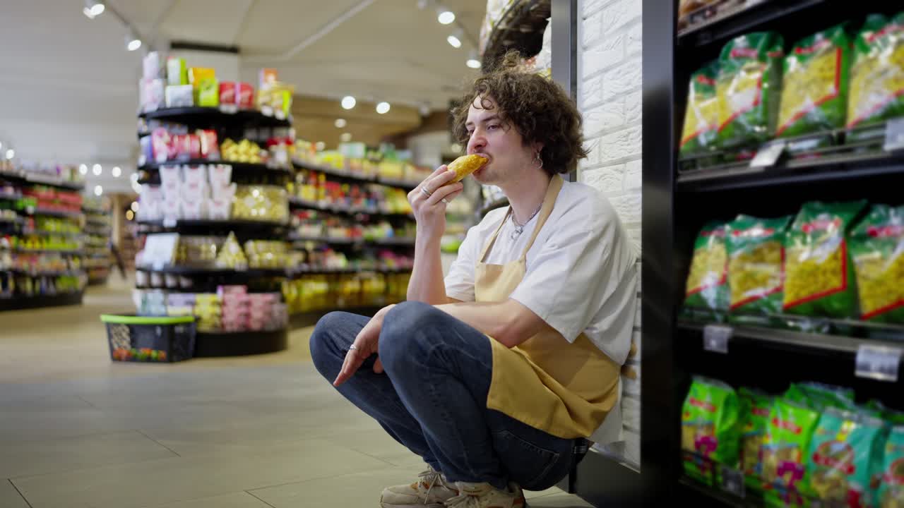 un tipo cansado con el cabello rizado un trabajador de supermercado come un pan y se sienta cerca de la pared en un supermercado moderno durante su breve descanso en el trabajo