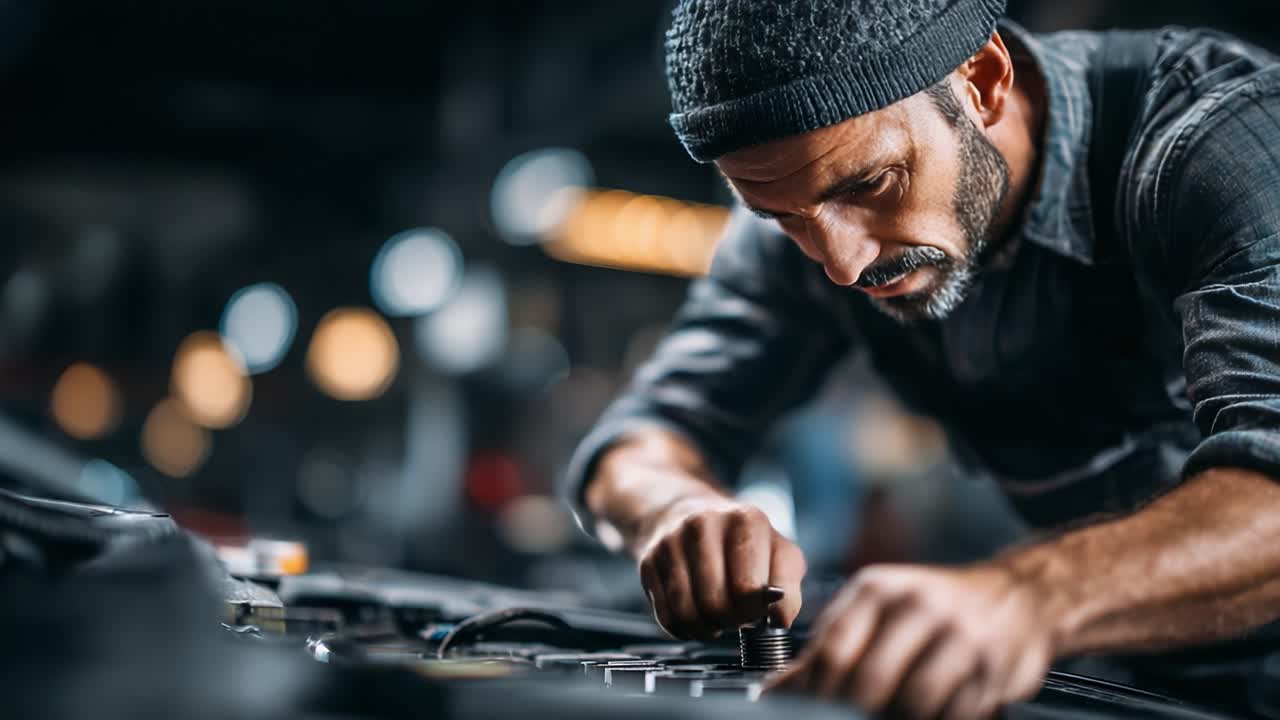 A Skilled Mechanic Focused on Precision Work Under Dim Lighting, Engaging in the Repair and Maintenance of Automotive Components with Great Attention to Detail
